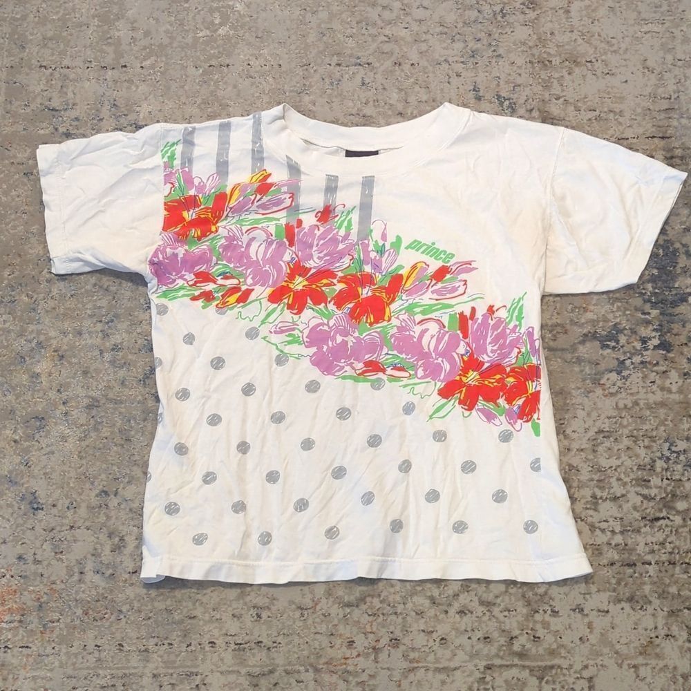 PRINCE tennis vintage t-shirt tee shirt white floral and polka